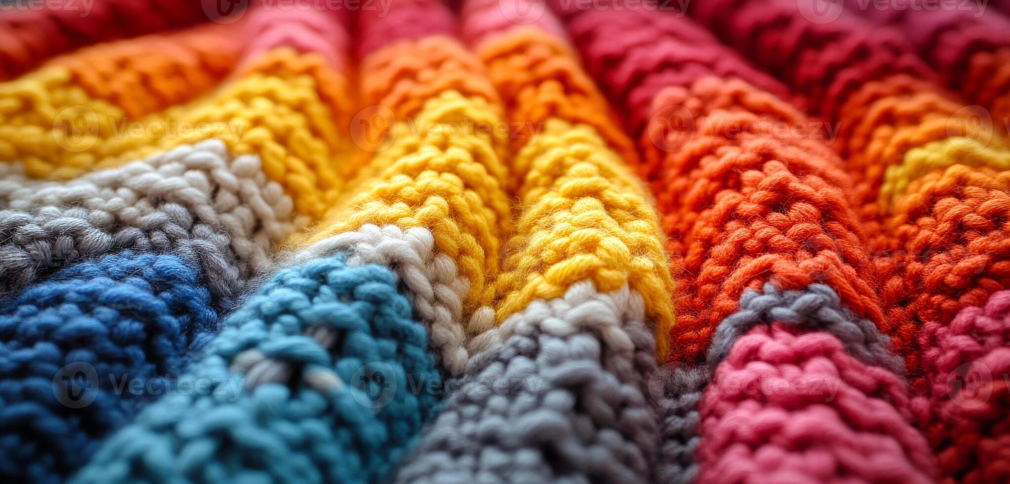 Vibrant knitted blanket. A cozy, colorful knitted blanket with intricate patterns adds warmth to your living space. photo