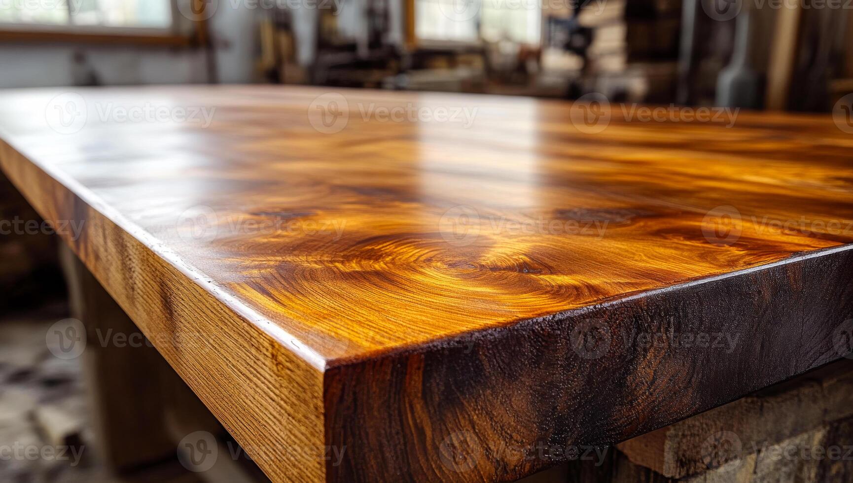 Handcrafted wooden table. Intricate details of a handcrafted wooden table showcasing rich colors and smooth finishes in a workshop setting. photo
