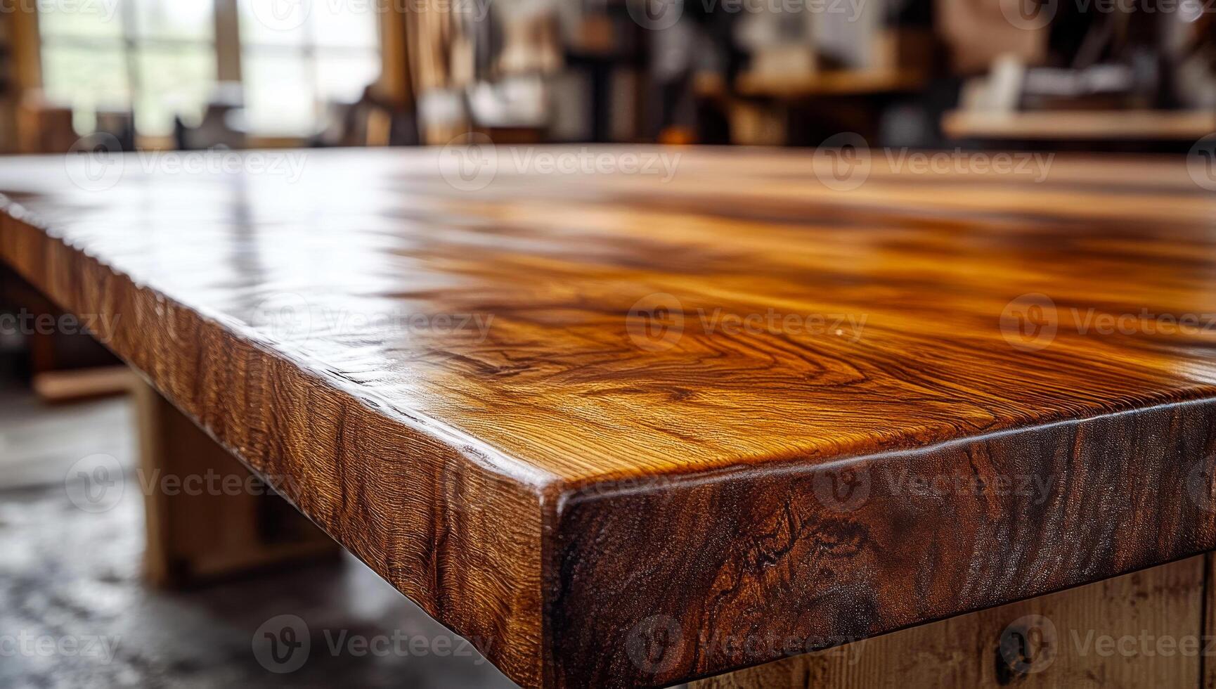 Handcrafted wooden table. Skilled artisans shape and finish a stunning wooden table in a bright workshop filled with tools and materials. photo