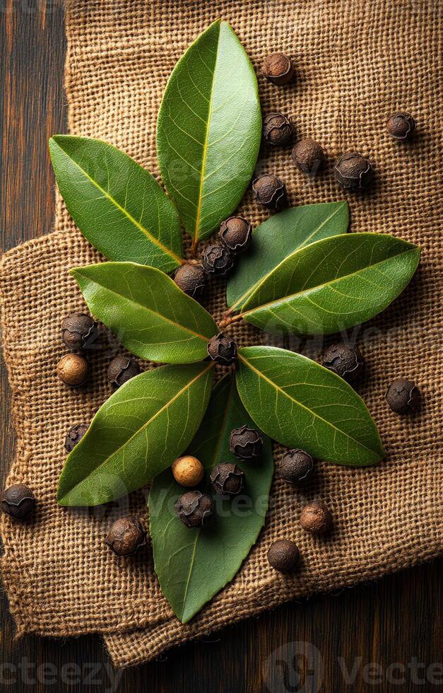 Bay leaves and whole spices. Bright green bay leaves are arranged with whole spices on burlap fabric in a rustic setting. photo