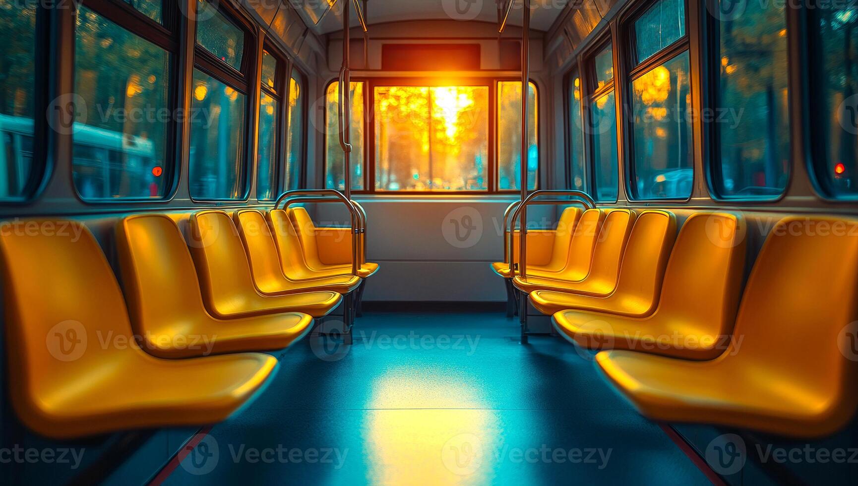 Empty bus interior illuminated by sunset. Sunlight pours through the windows of an empty bus, casting warm hues on yellow seats during the evening. photo