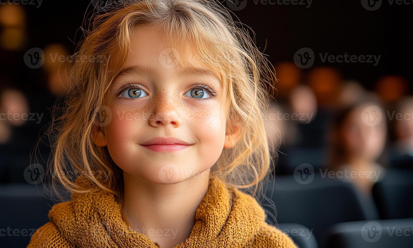 Girl enjoying a theater show. A young girl with curly hair smiles in a theater, captivated by a performance, surrounded by other audience members. photo