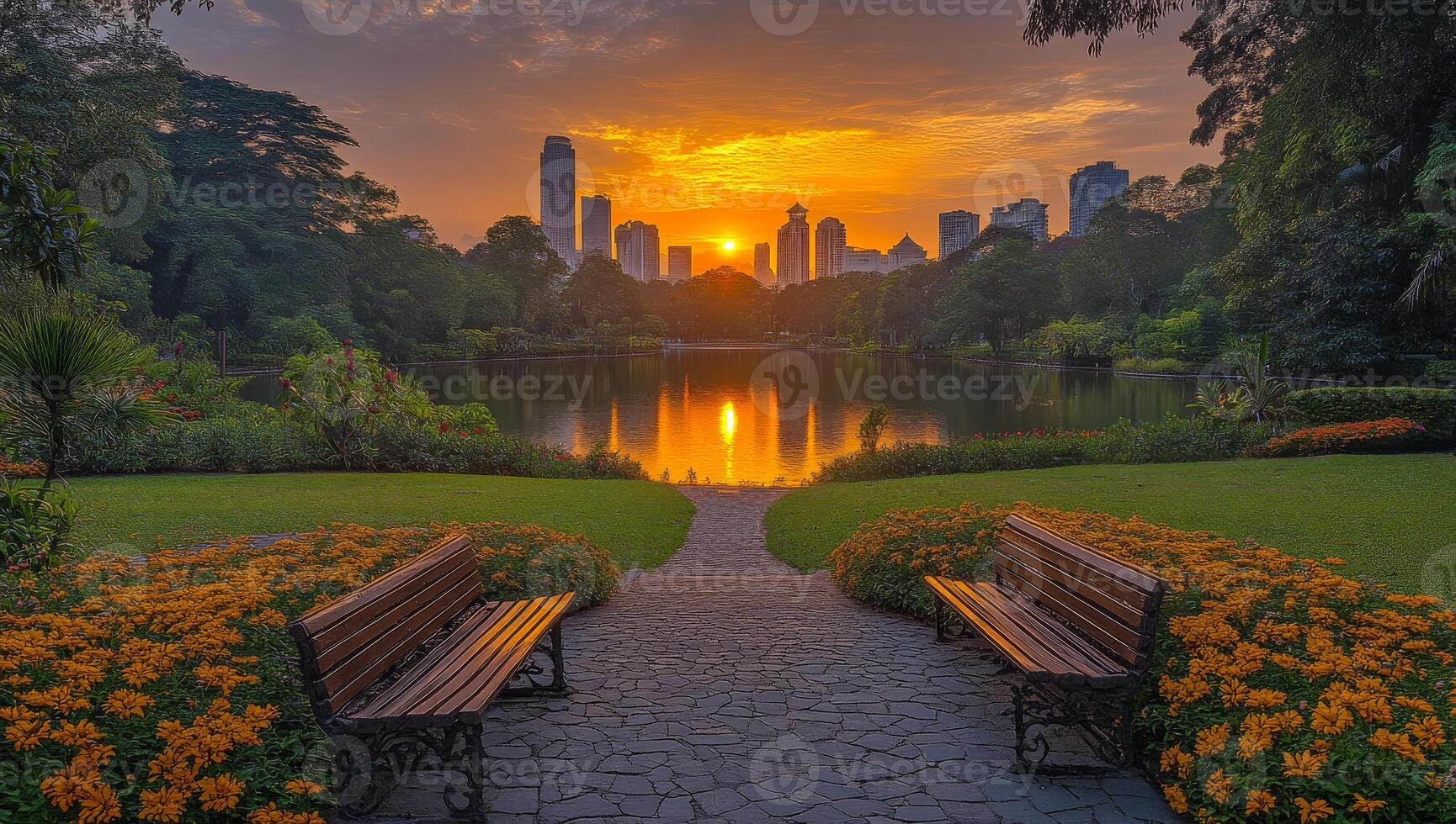 City skyline at sunset. Vibrant sunset casts warm hues over a lake, while benches overlook colorful flowers and city buildings in the distance. photo