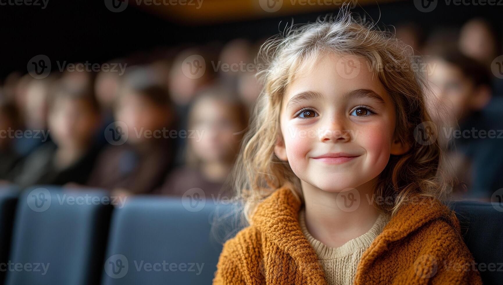 Girl enjoying theater show. A cheerful young girl smiles while attending a performance with her peers in a theater setting. photo