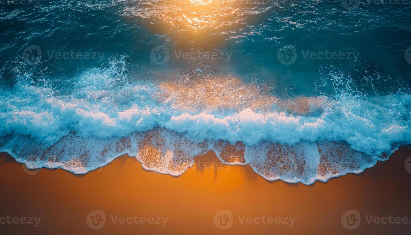 Tranquil sunset on the shore. Golden sunlight sparkles on the waves, creating a serene beach vibe at dusk. photo