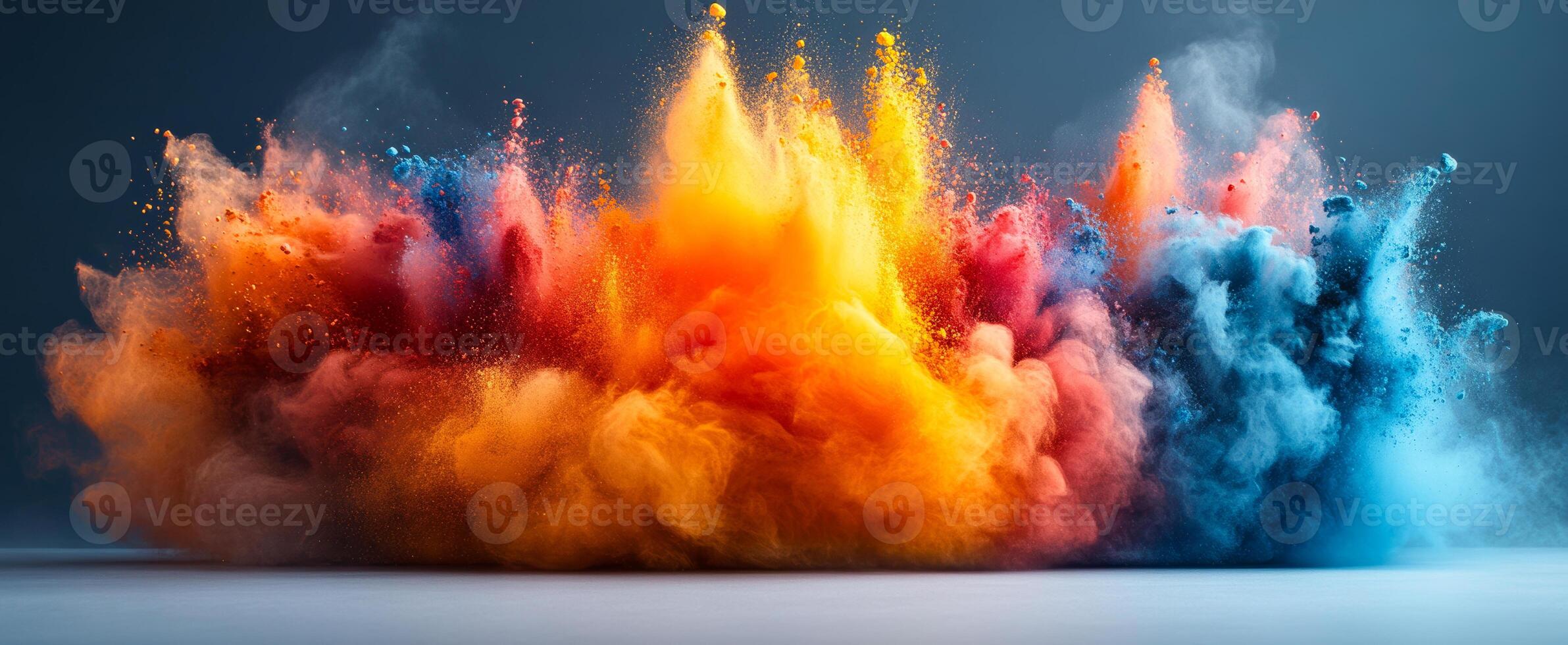 Vibrant explosion of colors in motion. A burst of color powder creates a dynamic and energetic cloud against a neutral backdrop. photo