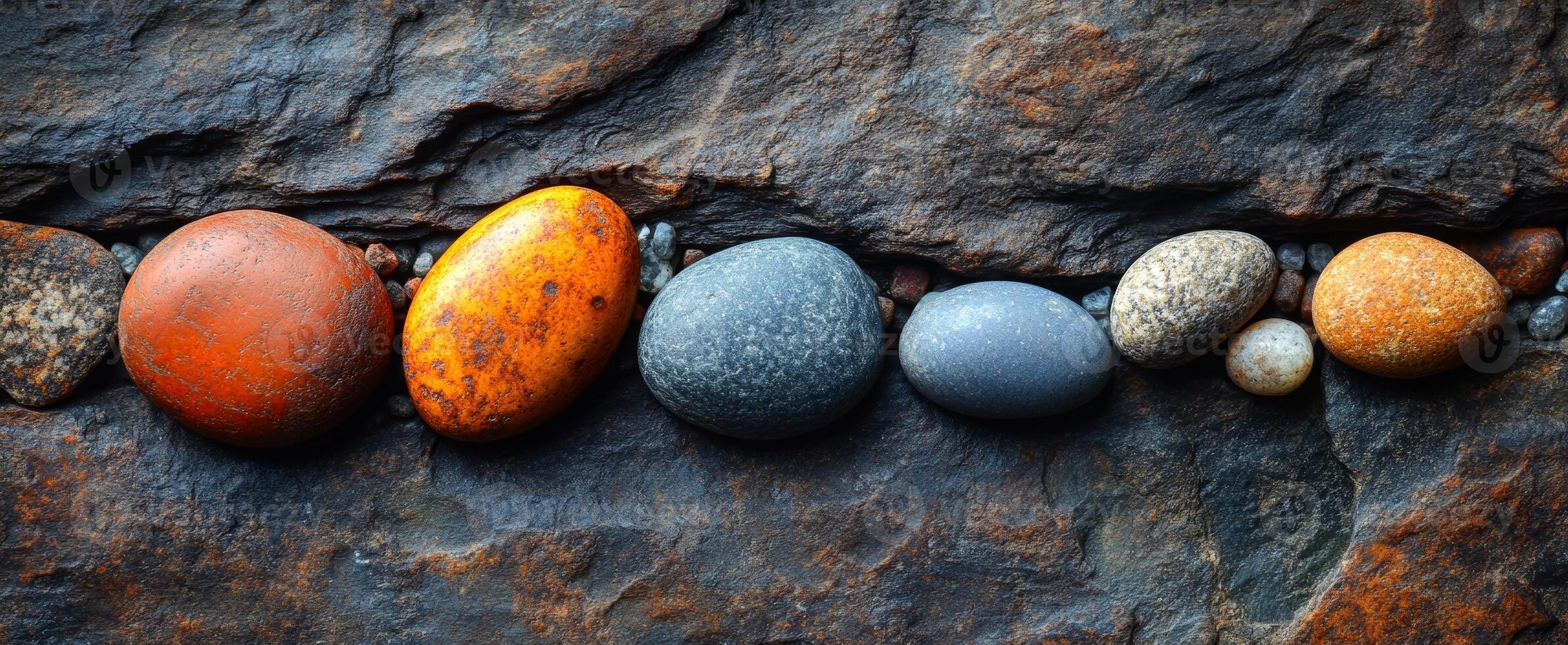 Colorful stones on rocks. A variety of colorful stones are arranged in a line, resting on a textured dark rock surface in natural light. photo