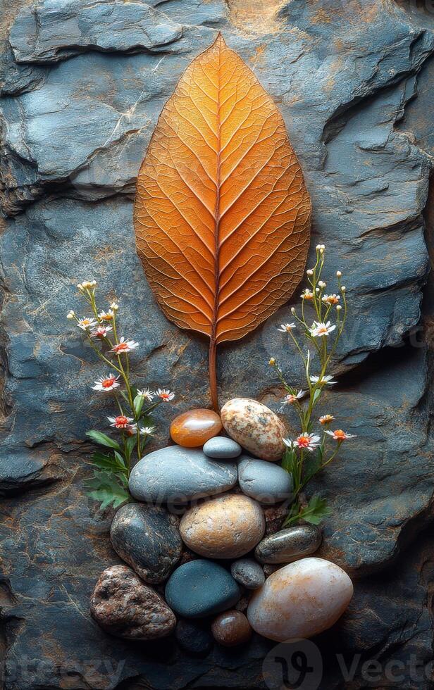 Natural arrangement of stones and leaves. A creative arrangement featuring colorful stones and a large dried leaf, surrounded by small flowers and greenery. photo