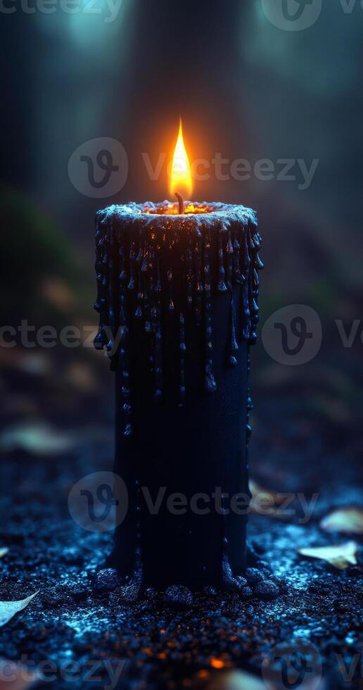 Candle burns softly in a dark forest. A solitary candle casts warm light in a dim forest, with wax dripping down its side amidst fallen leaves and shadows. photo
