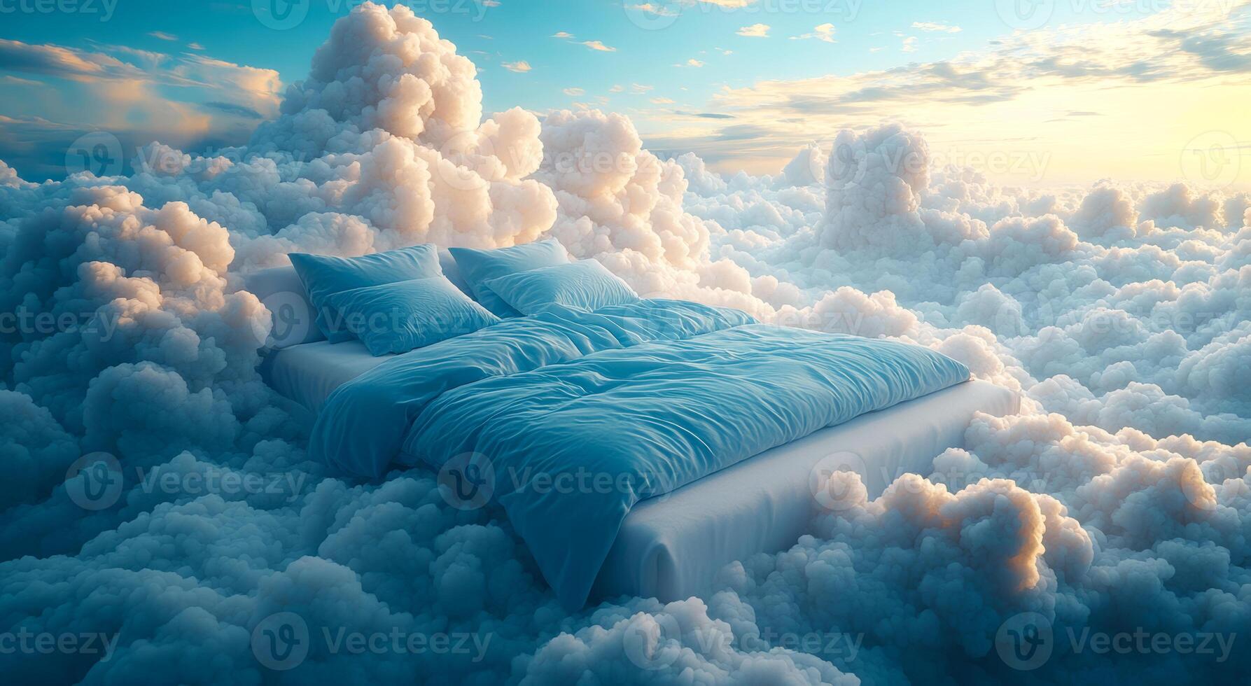 Dreamy bed floating among fluffy clouds. A serene bed with soft linens drifts gently among fluffy clouds under a colorful sky at sunrise. photo