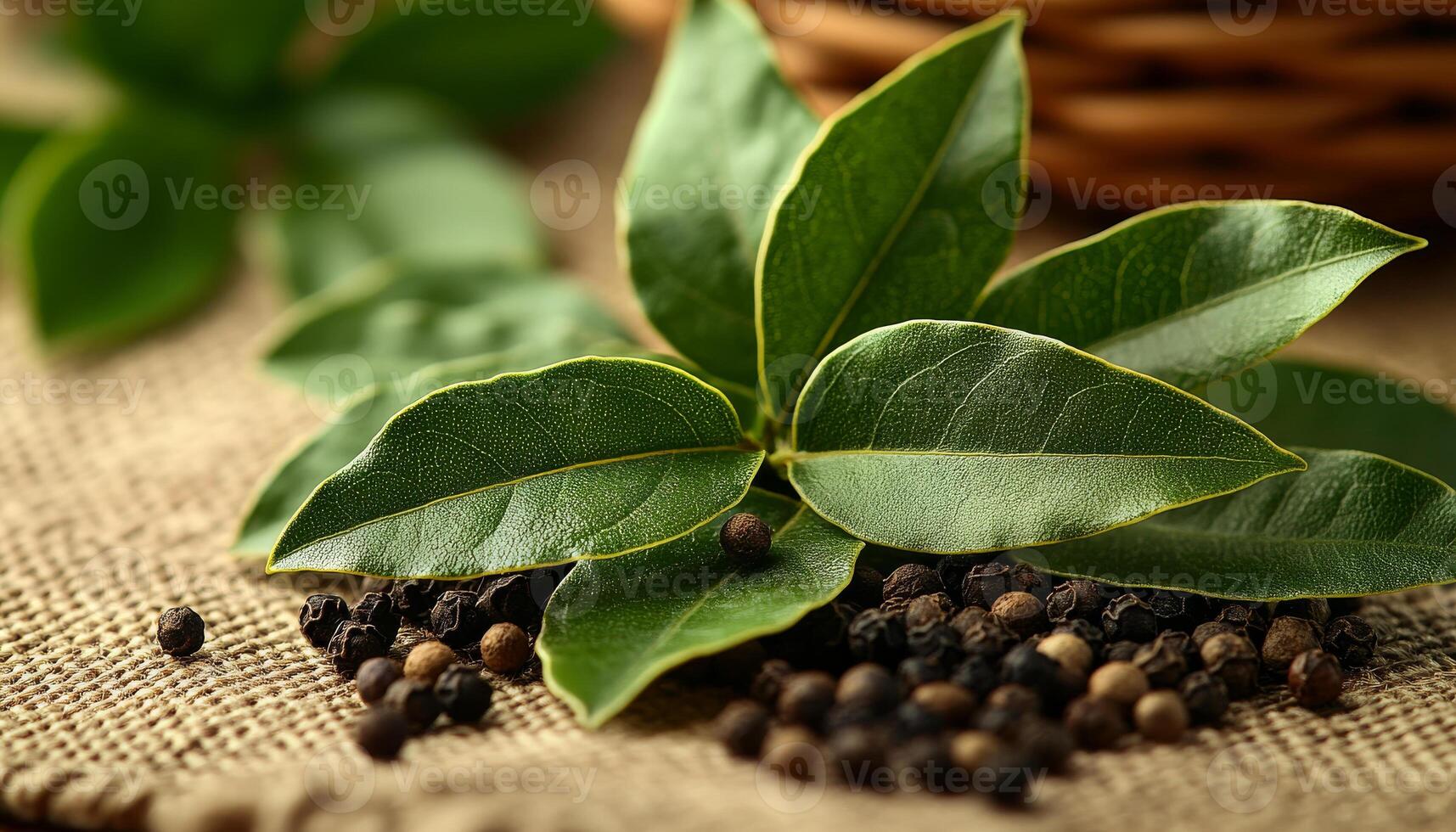Bay leaves and peppercorns on burlap. A close view of vibrant bay leaves resting atop a bed of whole peppercorns on a textured burlap surface. photo