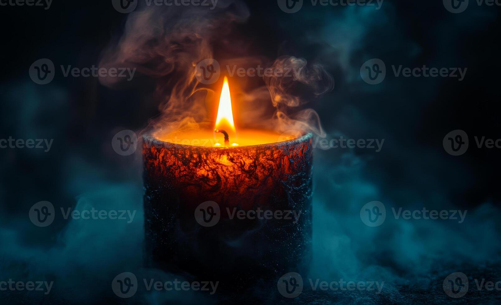 Elegant candle flame in dark ambiance. A warm candle flame flickers in a dimly lit environment, surrounded by gentle wisps of smoke, creating a cozy feel. photo