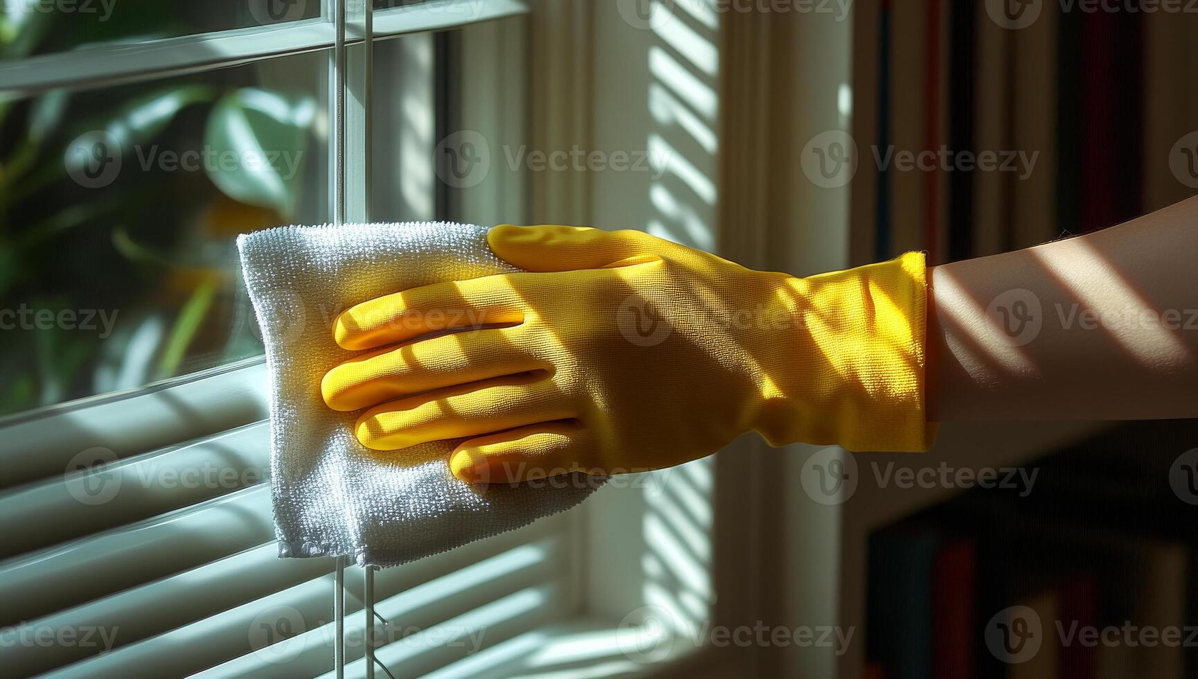 Cleaning blinds with yellow glove. A person with a yellow glove wipes a dusted window blind during daytime, sunlight creating striped shadows indoors. photo