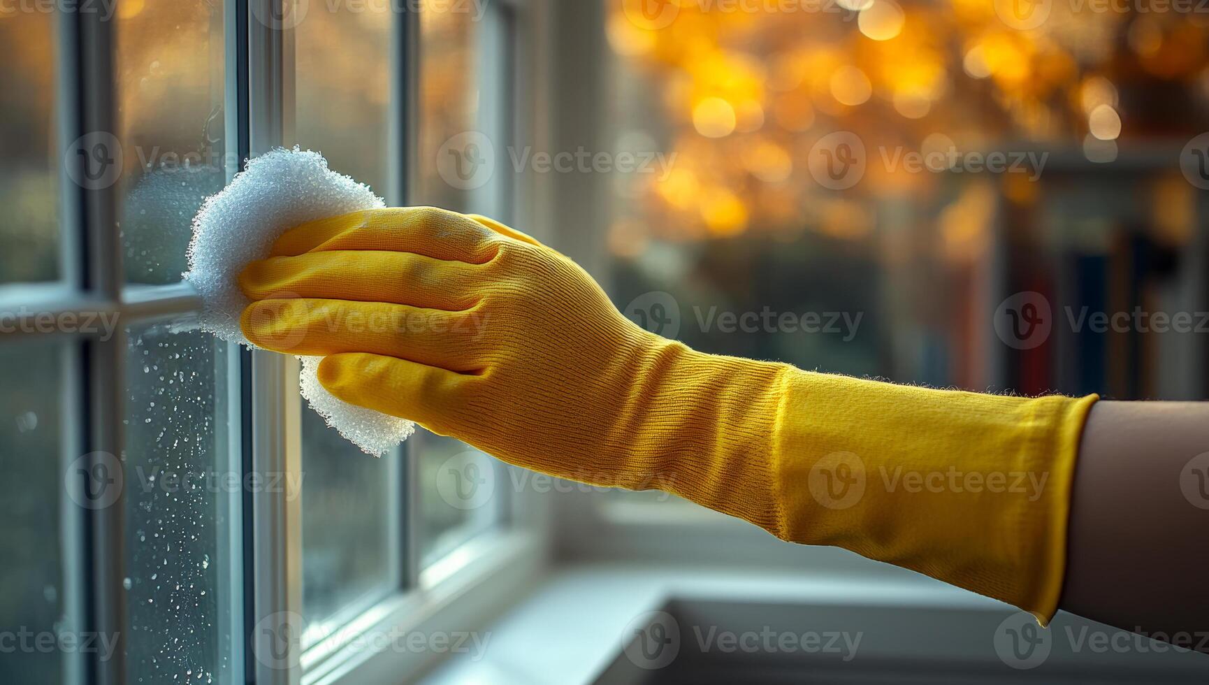 Autumn light on clean windows. A person wearing yellow gloves cleans a window as autumn light filters through, highlighting the cleaning activity. photo