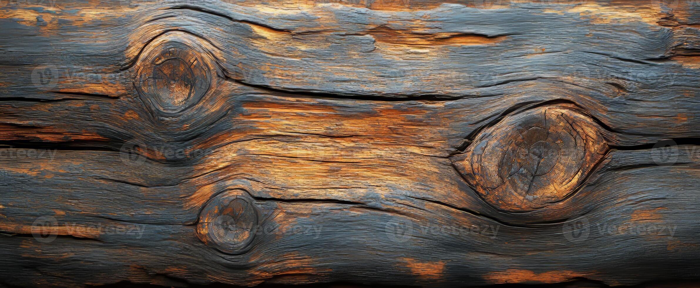 Detailed textured wood surface. A close-up view of an aged wooden surface showcasing deep grooves, knots, and a blend of dark and warm tones. photo