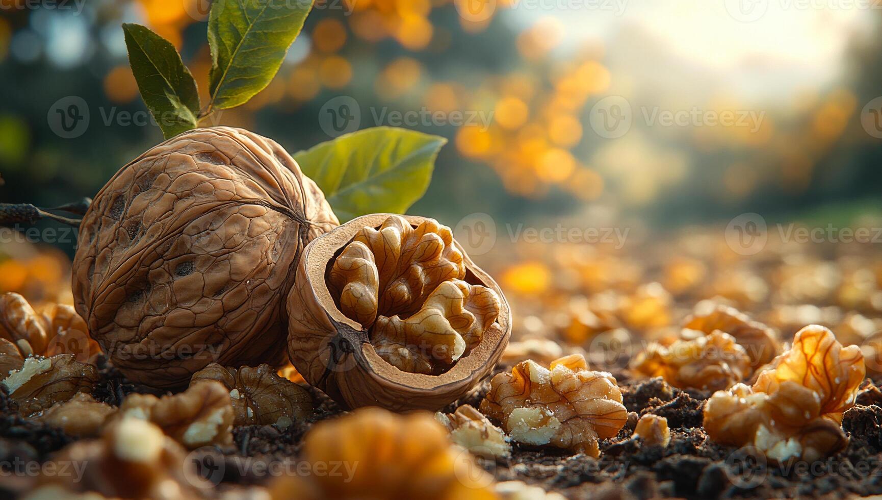 Walnuts on the ground in fall. Freshly harvested walnuts lie on the ground, surrounded by fallen leaves as the autumn sun casts a warm glow. photo