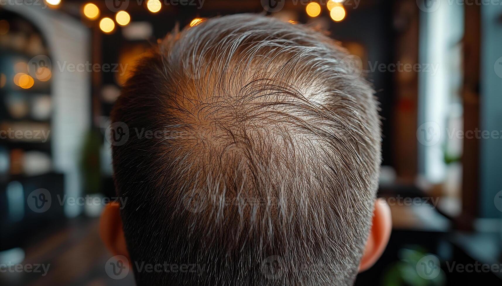 Softly lit balding head. A man sits in a cozy cafe, showcasing a balding patch on his head against a warmly lit backdrop. photo