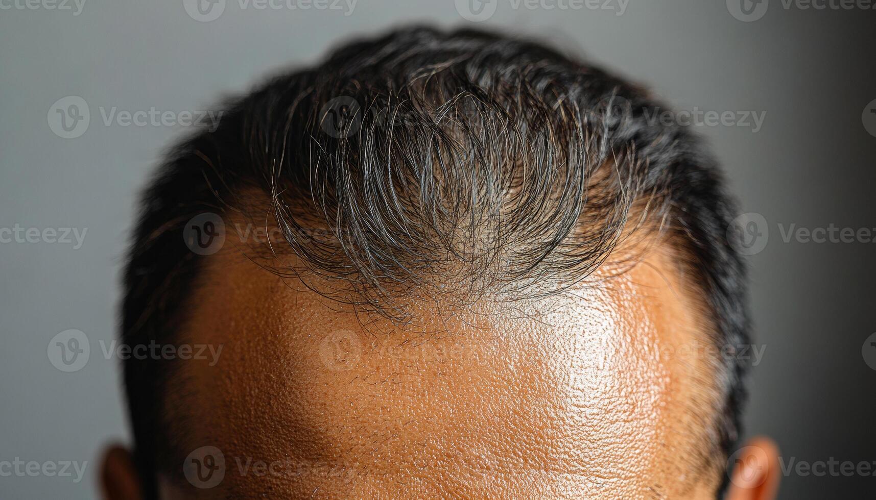 Hairline and scalp in daylight. Close-up of a man's hairline and scalp showing fine hair texture and skin details under soft lighting. photo