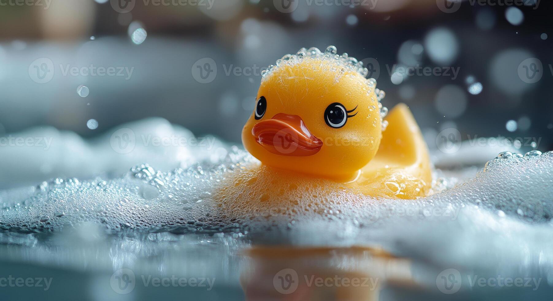 Cute rubber duck floats in soapy water. A bright yellow rubber duck floats in a bubbly bath, capturing a playful and cheerful atmosphere. photo