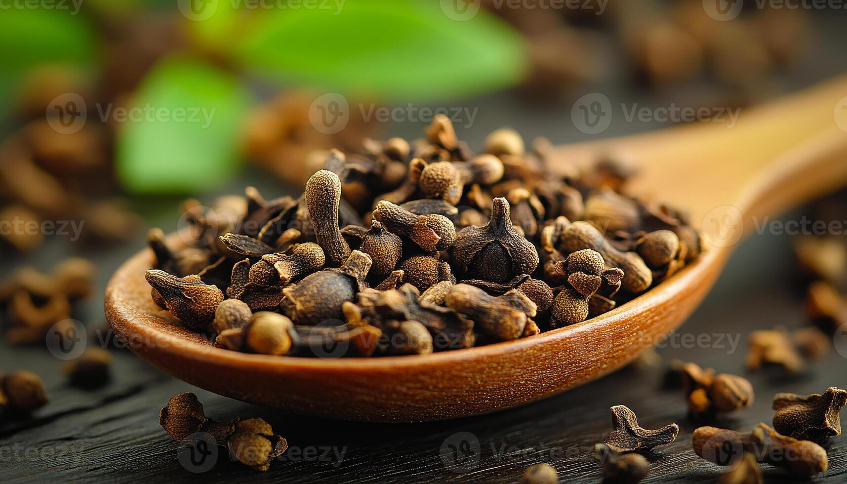 Cloves displayed on a wooden spoon. A wooden spoon holds aromatic cloves, showcasing their rich brown color with green leaves in the background. photo