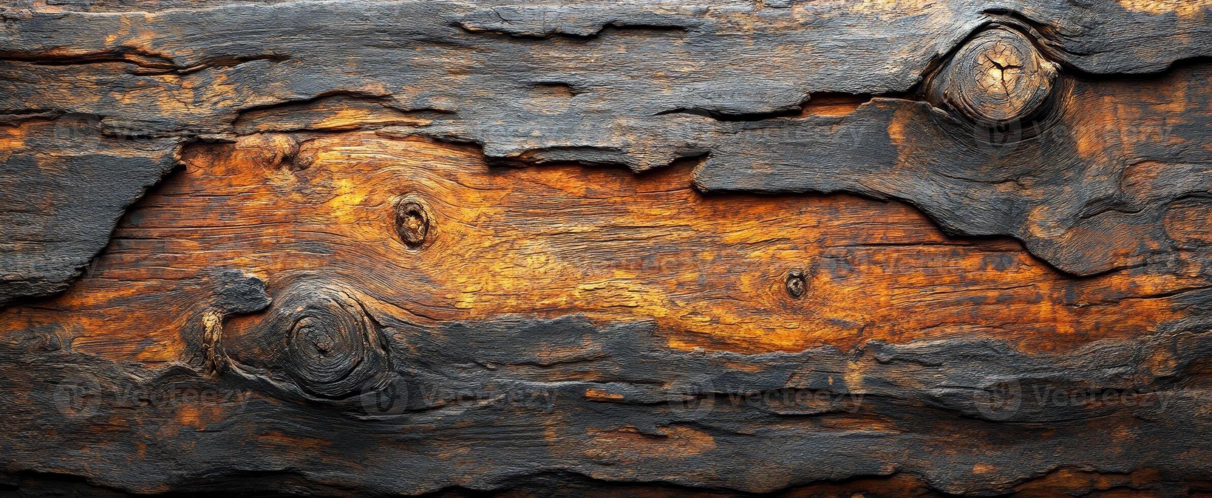 Natural wood texture with rustic appeal. Close-up view of weathered wood displaying deep grooves, rustic charm, and rich earthy colors creating a unique pattern. photo