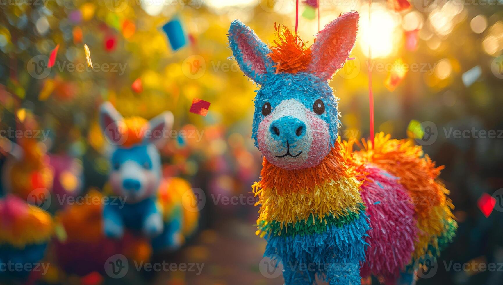 Vibrant garden with pinatas. Bright pinatas in vibrant colors dangle from trees in a festive garden, surrounded by falling confetti. photo