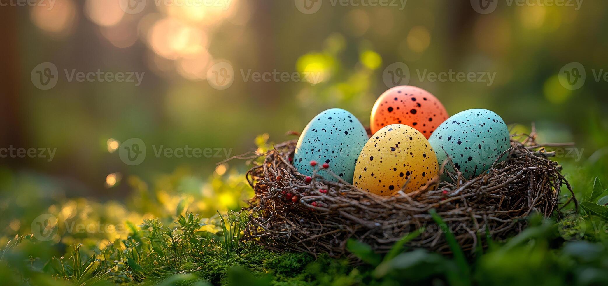 Colorful Easter eggs in a mossy nest. Four vibrant Easter eggs resting in a natural nest on green moss under soft sunlight in a forest setting. photo
