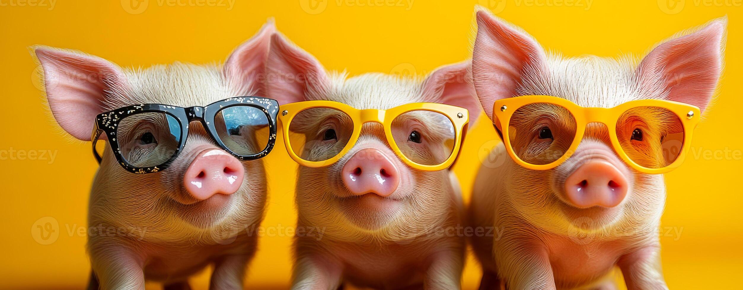 Pigs in stylish sunglasses. Three playful pigs sporting colorful sunglasses pose against a bright yellow background, creating a joyful atmosphere. photo