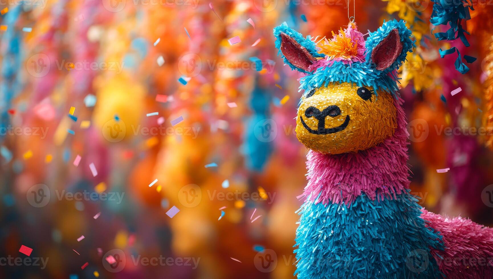 Colorful pinata at a festive celebration. A bright and cheerful pinata hangs amidst vibrant decorations, adding fun to the festive atmosphere of the event. photo