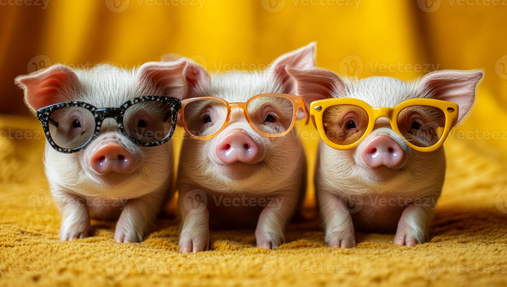 Piglets in glasses pose cutely. Three cute piglets in glasses sit on a yellow background, showing off their charming personalities and playfulness. photo