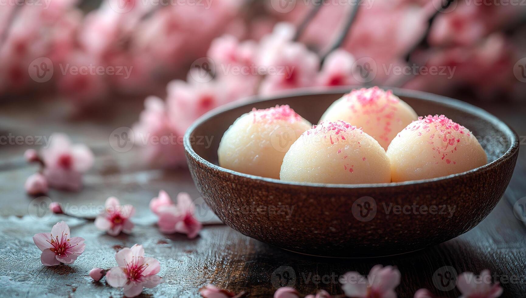 Delicate sweets surrounded by blossoms. Sweet treats in a bowl with pink sprinkles sit amid cherry blossoms, creating a serene and colorful arrangement. photo