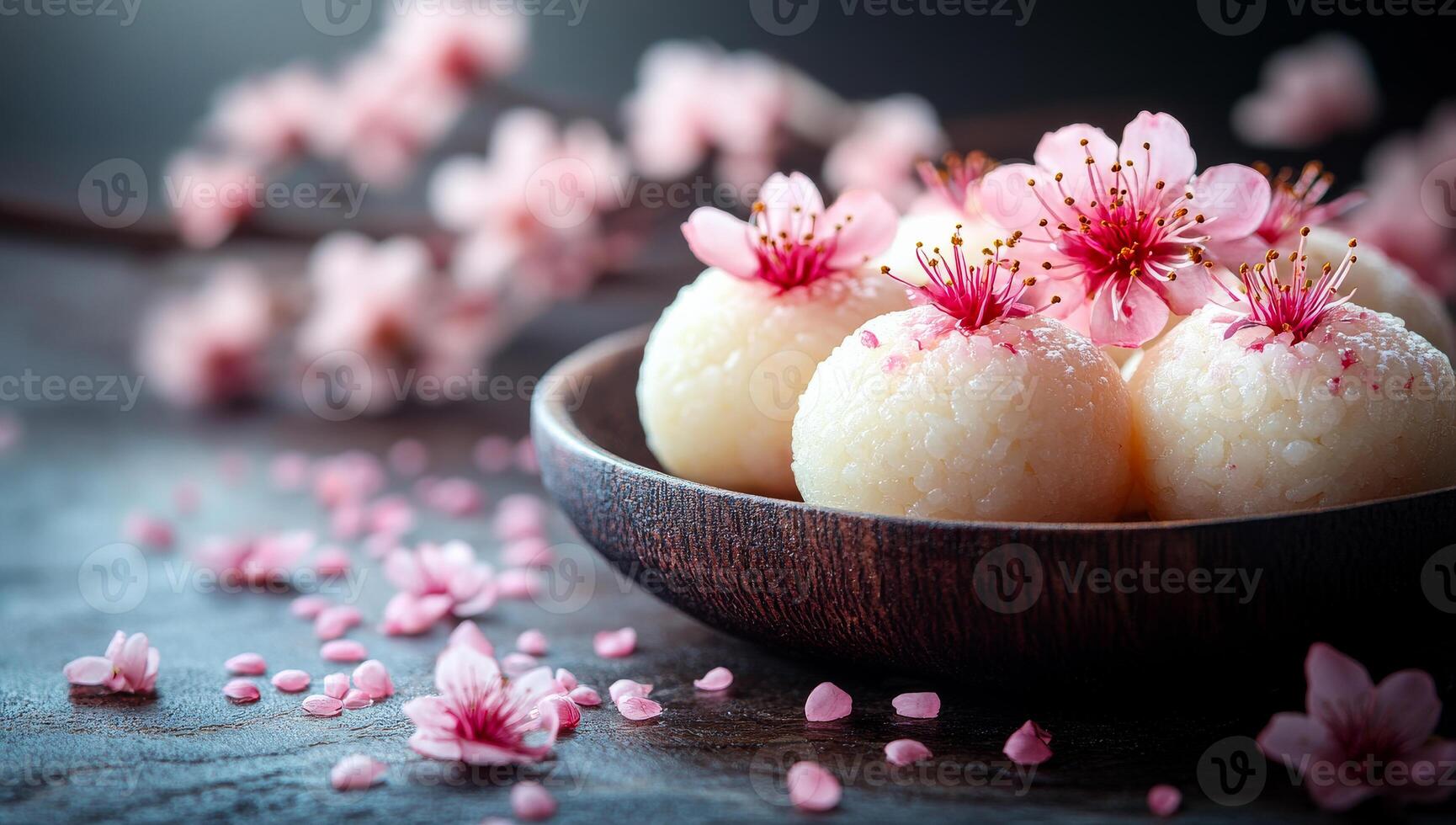Cherry blossom sweets. White sweets arranged in a bowl, decorated with pink cherry blossoms and petals, creating a serene and elegant setting. photo