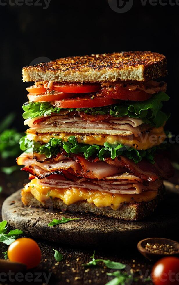 Delicious stacked sandwich ready to eat. A towering sandwich with layers of cheese, meats, and fresh vegetables is displayed on a wooden cutting board. photo