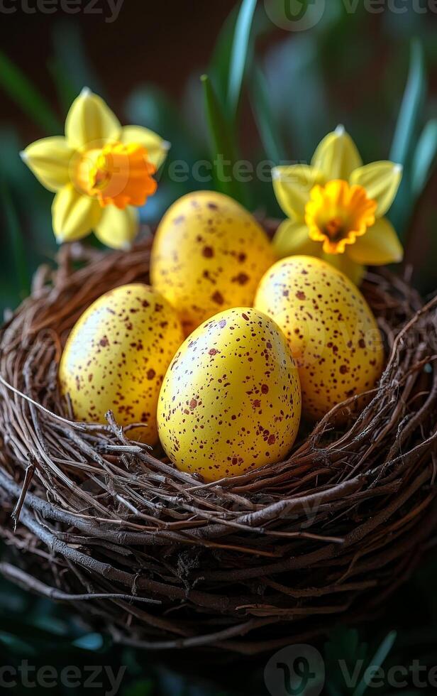 Colorful eggs in a flower nest. Bright yellow speckled eggs sit in a woven nest surrounded by fresh daffodils, creating a springtime atmosphere. photo