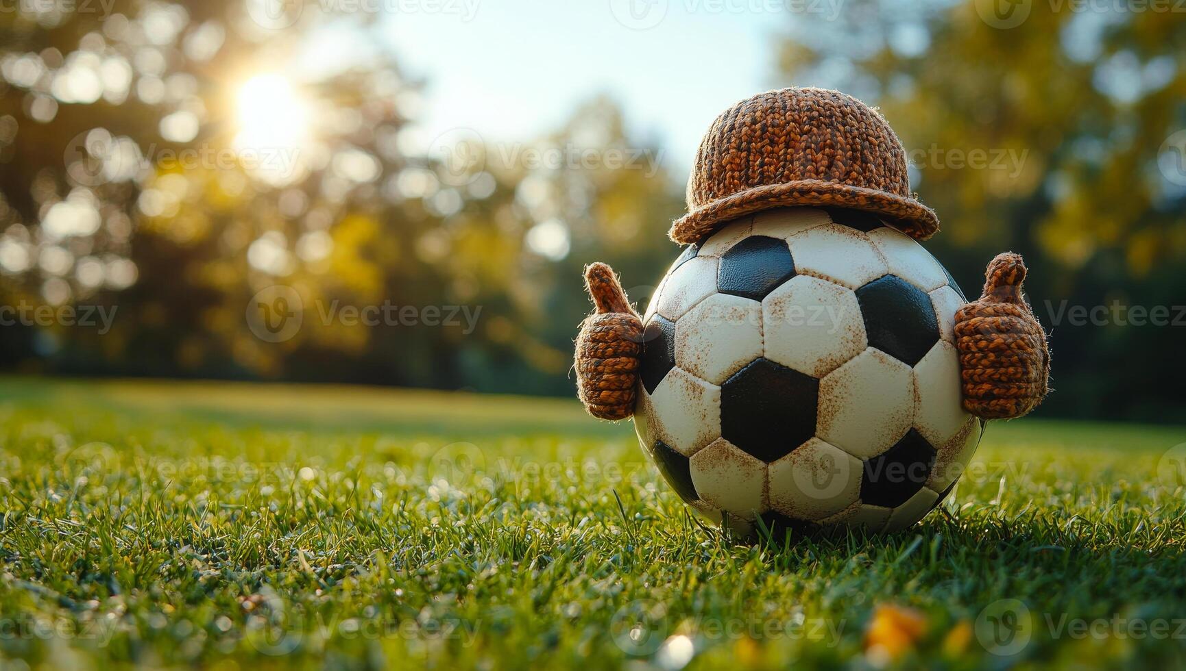 Soccer ball dressed in a cozy knit hat. A soccer ball with a knit hat sits on green grass, giving a playful vibe in the bright afternoon sunshine. photo