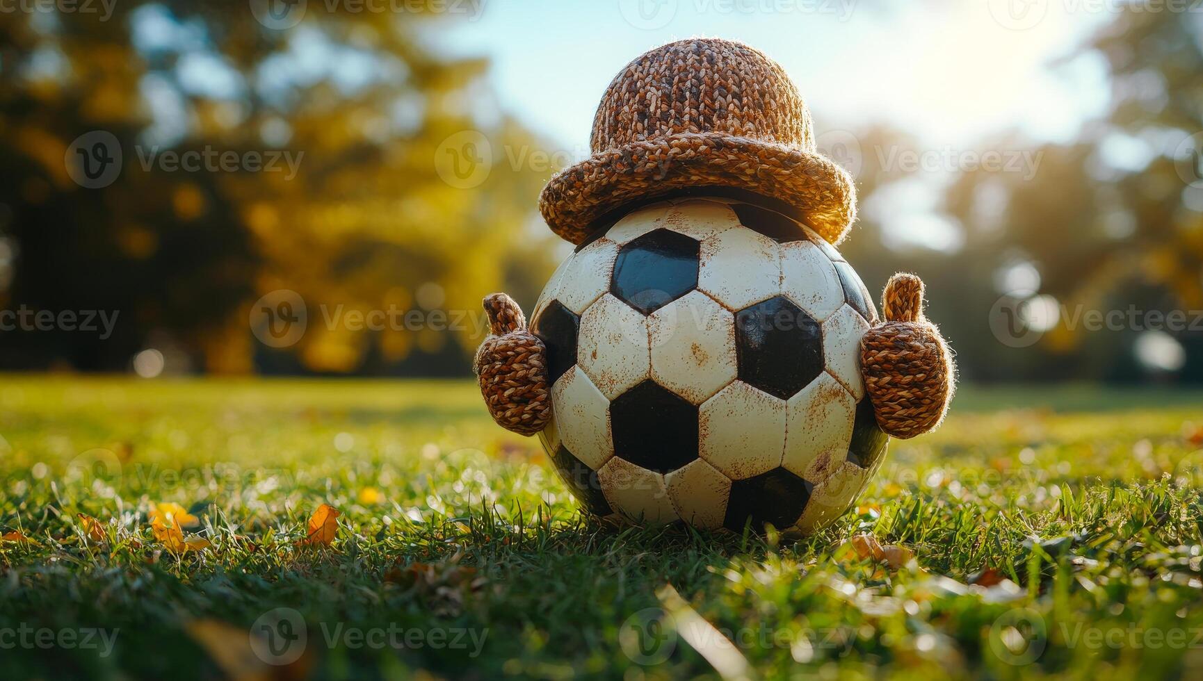 Knitted soccer ball in fall. A cheerful soccer ball wears a knitted hat and mittens, set against a vibrant autumn park backdrop during sunset. photo