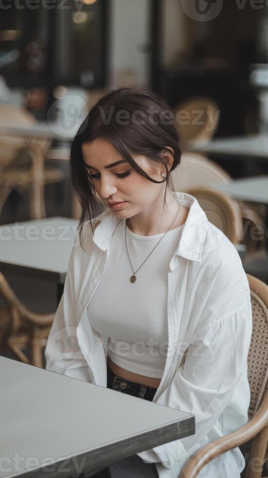 A woman sitting at a table in a restaurant photo