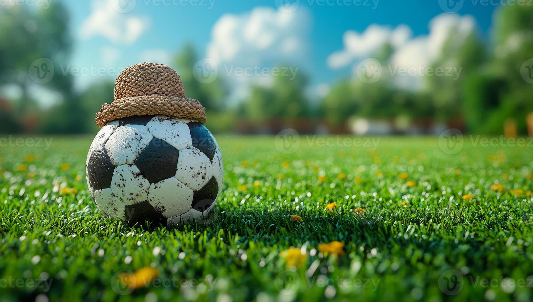 Hat on soccer ball in field. A black and white soccer ball sits in the grass, wearing a straw hat under a clear blue sky on a bright day. photo