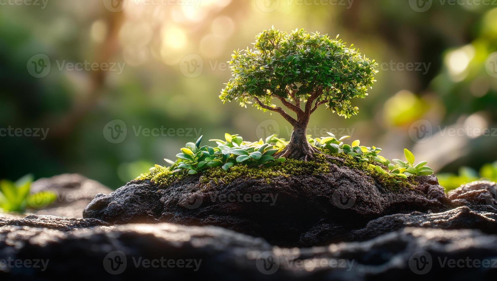 Miniature tree growing on rocky terrain. A vibrant tree thrives on a rocky base, surrounded by lush foliage and soft sunlight. photo
