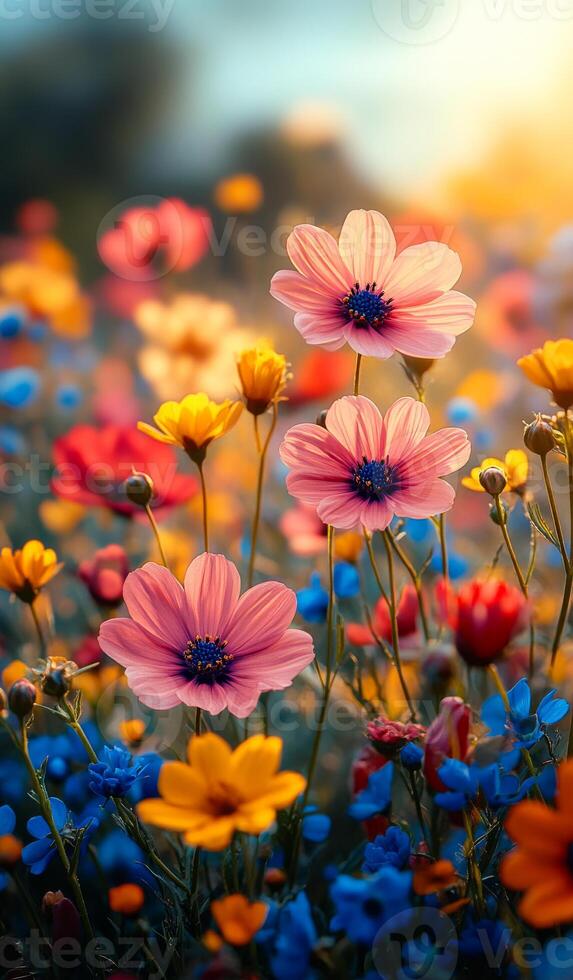 Spring garden blooms with flowers. Vibrant wildflowers in various colors flourish under a bright sun during the spring season, creating a lively garden. photo