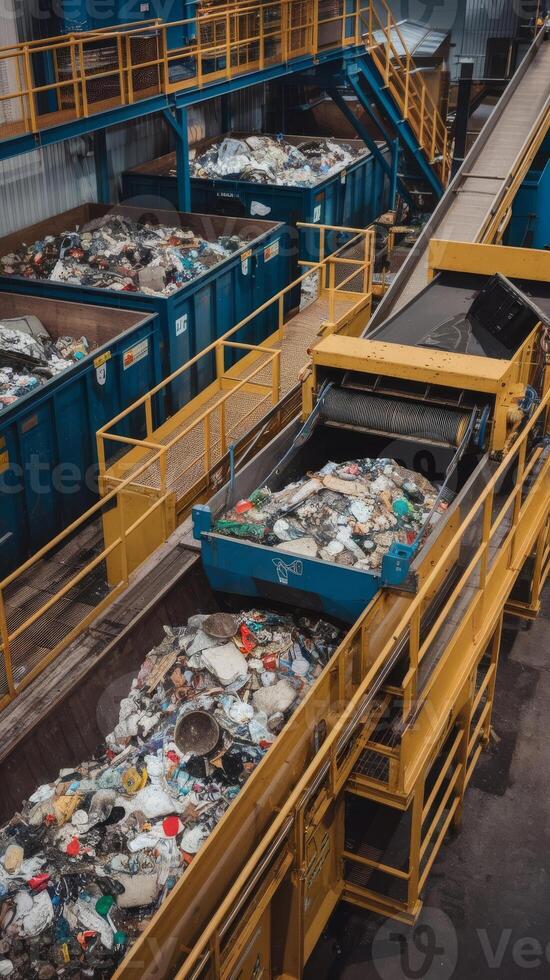 A large room with several garbage bins and a conveyor belt photo