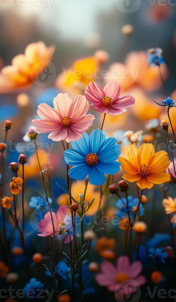 Colorful flowers in the sun. Colorful pink, blue, and orange flowers bloom in a sunny spring garden, creating a stunning display. photo