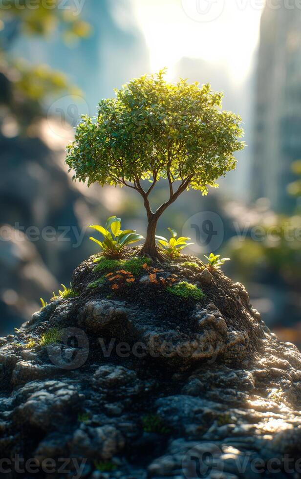 Tree thriving on rocky sunlight. A small tree on rocky ground is bathed in warm sunlight, surrounded by lush greenery in a tranquil setting. photo