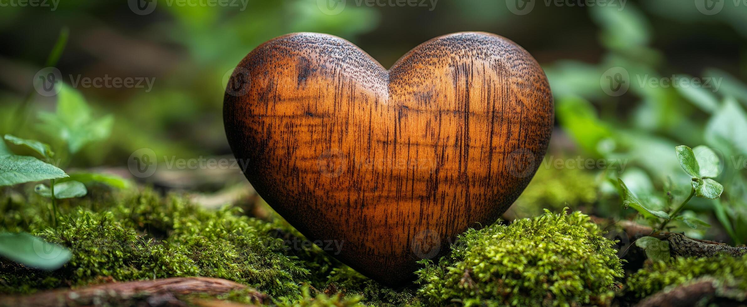 Wooden heart decor in forest. A wooden heart rests amidst lush green foliage and moss, showcasing nature's beauty and craftsmanship. photo