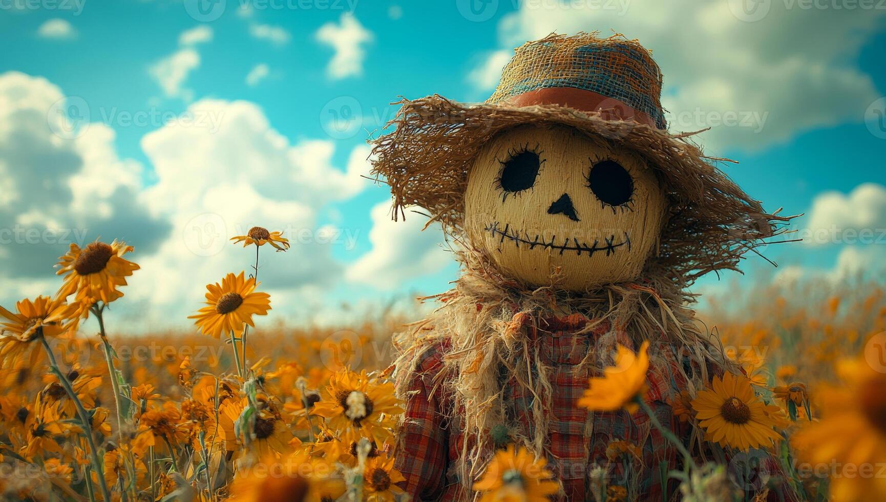 Scarecrow in sunflower field. A scarecrow watches over a vibrant field of sunflowers beneath a bright blue sky filled with fluffy clouds. photo