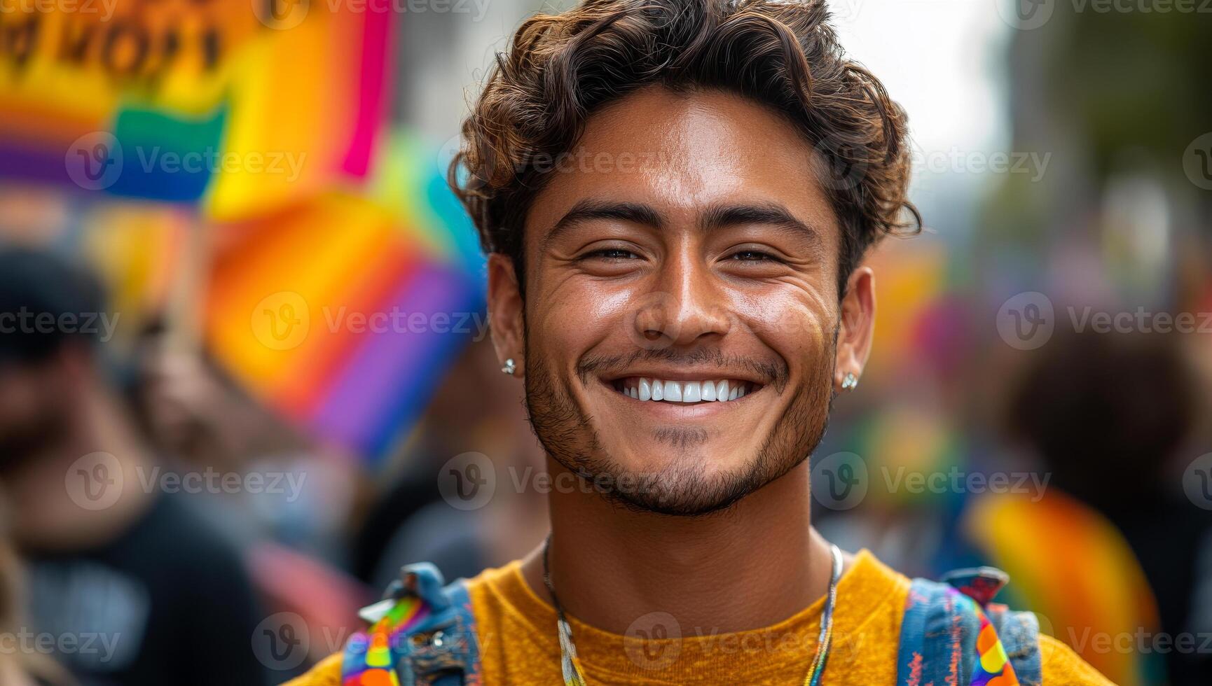 Smiling participant at pride. A young man with curly hair smiles joyfully while attending a vibrant pride parade, surrounded by rainbow flags. photo