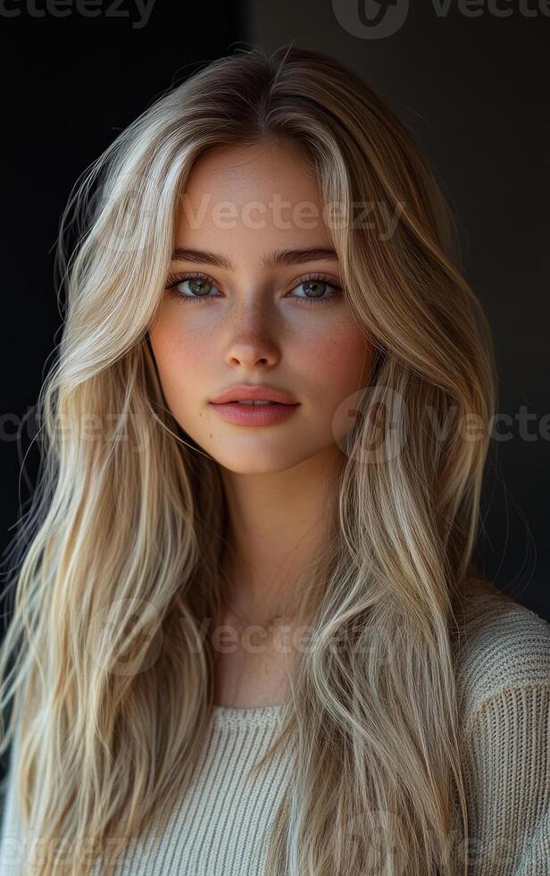 Blonde woman posing naturally. A young woman with flowing blonde hair looks directly at the camera, showcasing her soft features and natural beauty. photo