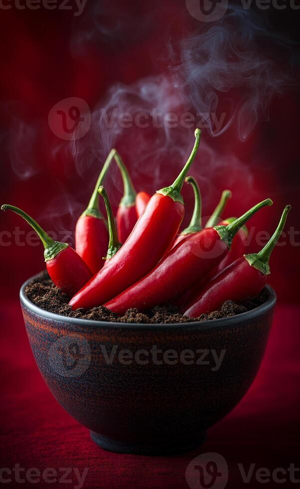 Red chili peppers in a smoky bowl. A dark bowl filled with fresh red chili peppers, surrounded by smoke giving an inviting, spicy atmosphere. photo