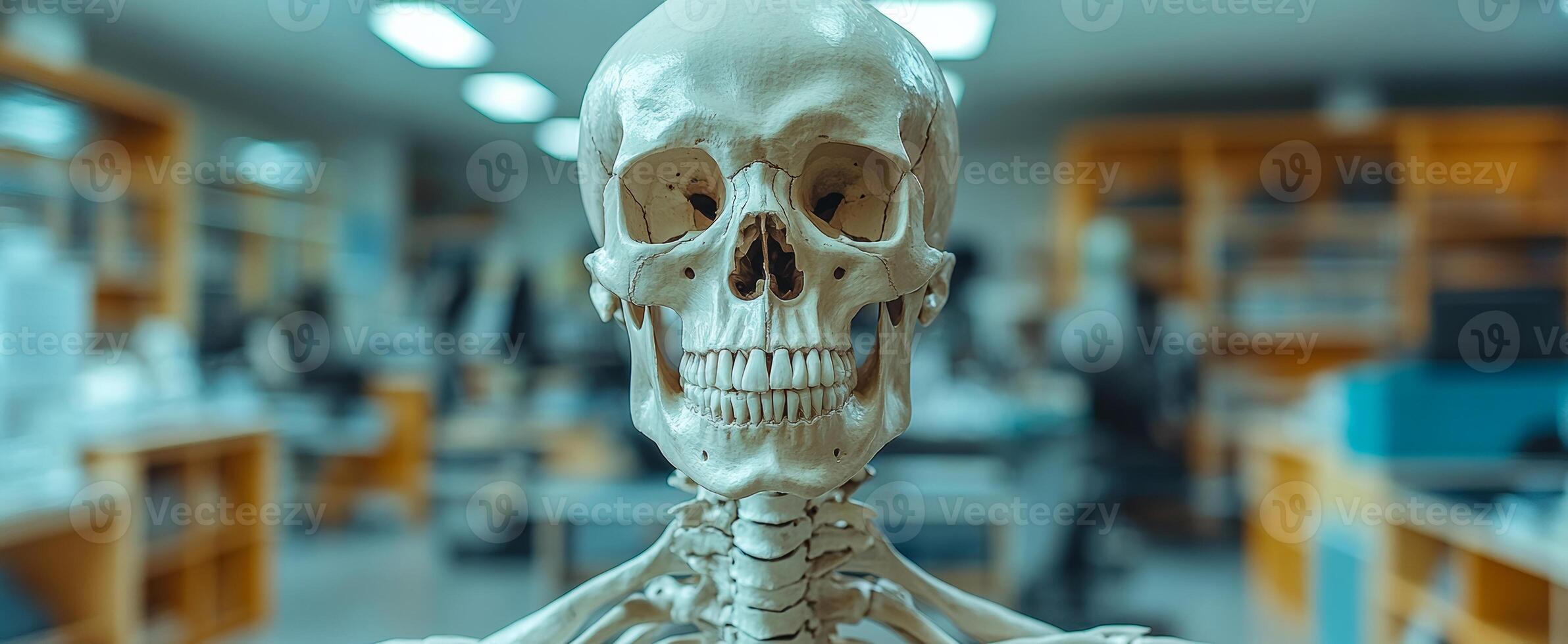 Skeleton in lab setting. A detailed skeleton model stands in a well-lit laboratory filled with bookshelves and study areas. photo