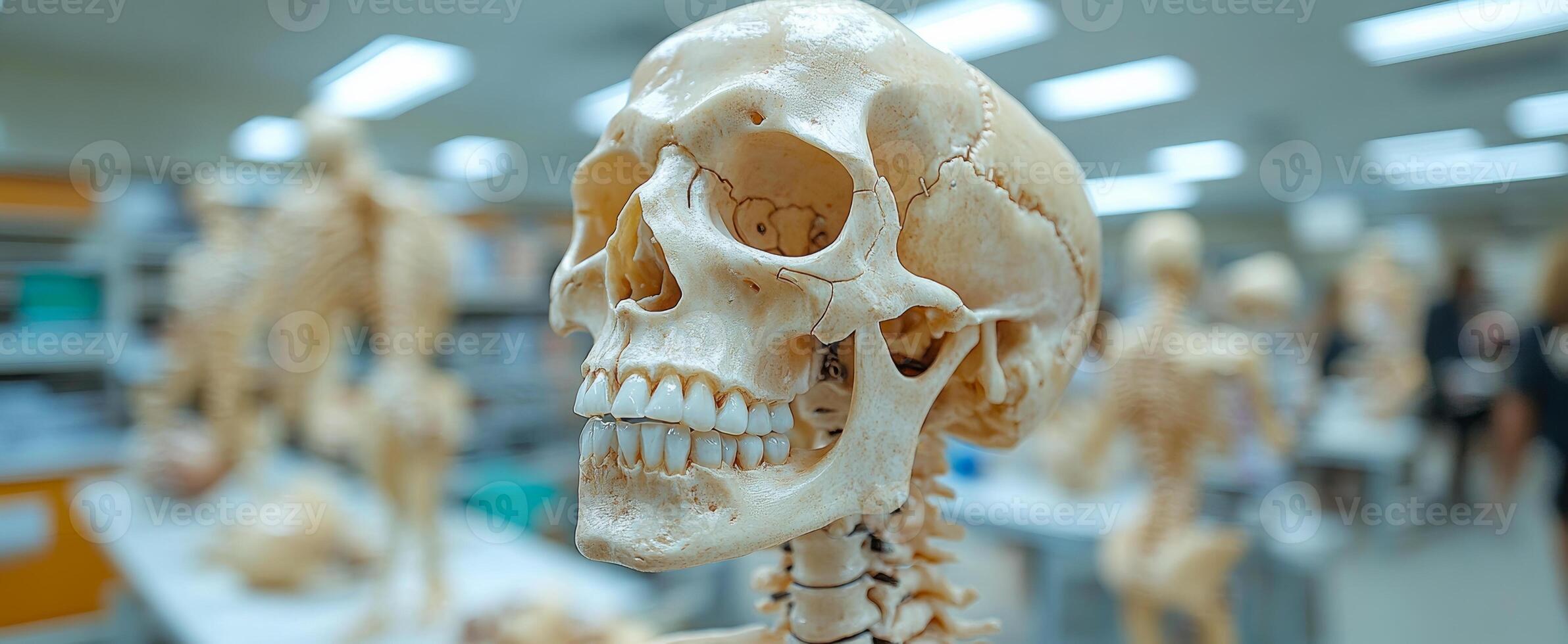 Classroom human skeleton. A human skeleton is displayed in a classroom with anatomical models and students learning nearby. photo